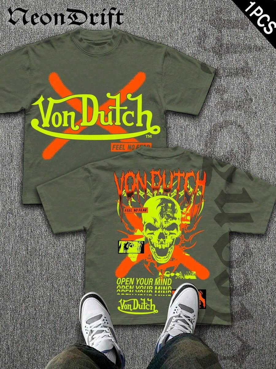 NeonDrift Street Double-Sided Printing Cotton T-Shirt 100% Cotton Fabric Unisex Style-Men T Shirt Skull Graphic Print Neon Yellow Orange Cross Design Streetwear Fashion Casual Wear For Urban Style Fans Hip Hop Look Breathable 100 Cotton Comfortable Fit - 軍綠色 - 查看 1