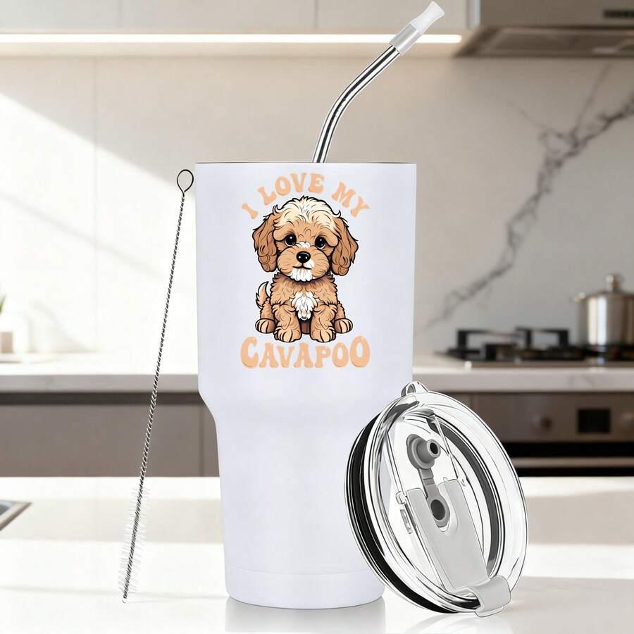 30oz Stainless Steel Tumbler Black White Options, I Love My Cavapoo Dog Print Graphic Cups, Insulated Travel Coffee Mug With Lid And Straw , Double Wall Vacuum Reusable Travel Cups, Funny Birthday Party Gift For Women & Men - 白色 - 查看 1