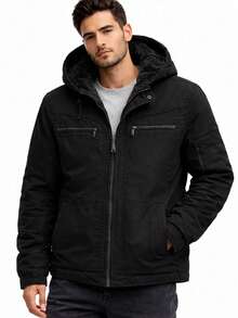 Men's Twill Jacket, Fully Lined With Faux Fur, With A Removable Hood. - Black - View 6