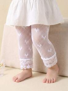 1/3 Pairs Beige Lace-Trim Baby Capri Tights With Heart Jacquard Cut-Outs, Girls Lolita Tights With Mosquito Protection & Snag-Resistant Fit, Ultra Soft Stretchy Breathable Non-Binding Everyday Capris, 0-36 Months For Spring Summer School Wedding & Daily Wear, Baby Tights, Girls Tights, Lolita Tights, Capri Tights, Sheer Tights, Back To School Gift Girls Wardrobe Collection - Multicolor - View 1