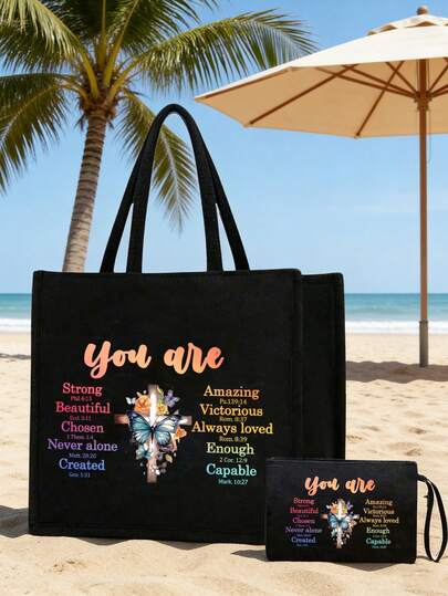 Gradient Floral, Butterfly, And Cross Pattern Women's Tote Bag, Large Capacity, Multi-Functional Shoulder Bag, Portable Shopping Handbag, Office Supplies Organizer, Makeup Bag, Toiletries Organizer Bag. Suitable For Shopping, Parties, Vacations, Summer Beach. Perfect Gift For Mothers, Friends, Christians. Suitable Birthday Gifts, Back-To-School Gifts, Graduation Gifts, Easter Gifts, Mother's Day Gifts, Wedding Accessories, Essential Spring/Summer Items, And Holiday Souvenirs