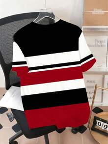 Plus Size Men's Casual Round Neck T-Shirt, Polyester Knit Fabric Comfortable & Breathable, Fashion Contrast Color Plaid Print, Casual Street Striped Plaid Contrast Color Patchwork Design Fresh Series, Creative Personalized Top - Black - View 4