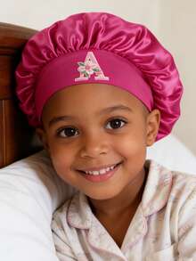 1 Pc A-Z Letter Hats Kids' Bonnet Hat Set Elastic & Printed & Comfortable Headwear Sleeping Cap - Hot Pink - View 2