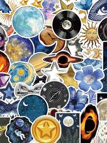 50pcs Cosmic Star Stickers Aesthetic Vibes For Journal, Phone Case, Tablet, Water Bottle, Desk, Helmet, Bike, Luggage, Waterproof Decals - Multicolor - View 3