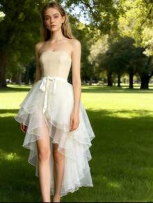 一件式女士不规则下摆连衣裙，可选颜色：白色、黑色、红色、粉色、浅蓝色、香槟色，不对称设计，前短后长燕尾，不规则美人鱼款式，多层薄纱裙摆，飘逸演出服，3-6层瑞士网纱长裙，一体式围裙，荷叶边拖地裙摆，适合婚礼、宴会、演出、派对、新娘、伴娘、舞台表演、角色扮演、旅行摄影道具、舞蹈表演、万圣节服装等场合。 - 彩色 - 查看 6