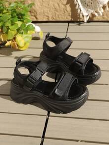FRIFUL Sandalias deportivas de plataforma y cuña de verano para mujer, con correa de gancho y bucle, unicolor, cómodas para estudiantes - Negro - Ver 8