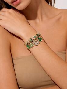 1件圣帕特里克节优雅水晶爱心四叶草蝴蝶吊坠手链，绿色串珠手链，适合女性日常、节日、派对庆典佩戴 - 綠色 - 查看 6