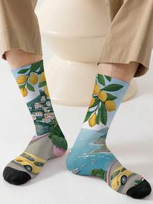 1双360男士袜子——趣味十足的满版印花，饰有风景图案和橙树，柔软舒适，弹性极佳。这款时尚休闲的街头嘻哈风360袜子，非常适合作为压缩袜、情人节礼物或宽松的孕妇袜。 - 彩色 - 查看 9