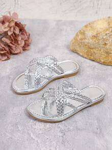 2026新款夏季时尚舒适金属亮片编织人字拖 - 銀色 - 查看 8