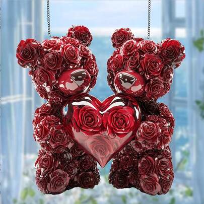 1pc 2D Acrylic Rose Bear Suncatcher, Romantic Elegant Colorful Plastic Window Art, Suitable For Home, Office, Wedding Decor, Valentine's Day, Anniversary Or Housewarming Gift