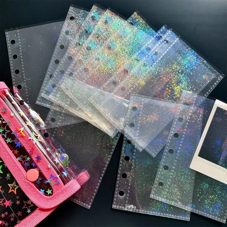 1套A7闪光花朵透明贴纸簿补充装，封口簿，贴纸簿，照片收纳袋，可用作相册、卡包、零钱包、储蓄计划本、日记本、文件整理本、办公用品 - 多色 - 查看 1