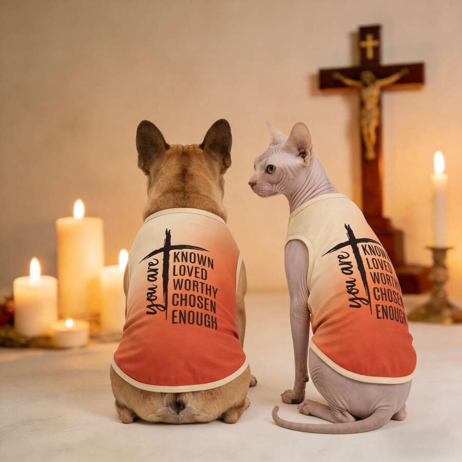 1pc Christian Cross Print & Slogan Pet Dog Vest, Ombre Faith Design, Lightweight Breathable Pet Clothing For Small/Medium Dogs & Cats, Summer - Orange - View 1