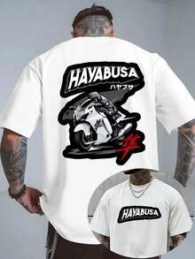 Fashion Speed Totem: HAYABUSA Logo Motorcycle Racing Aesthetic Double-Sided Print Short-Sleeve Round Neck T-Shirt, Men'S Casual And Comfortable Daily Commuting Outfit, Breathable Fabric, Men'S Clothing - 白色 - 查看 2