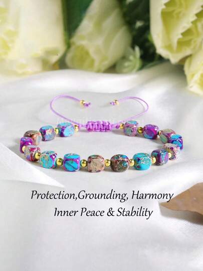 Braccialetto in diaspro di sedimenti , pietra quadrata realizzata a mano, gioiello in stile bohémien regolabile, promuove il radicamento, l'equilibrio e l'introspezione, cristallo di connessione con l'universo