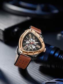 1pc Men's Automatic Mechanical Watch, Black & Gold Contrast, Hollow Triangular Design, Dual-Layer Leather Strap, Personalized Wristwatch For Daily Wear - Multicolor - View 4