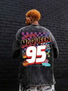 Disney Lightning McQueen  Printed Summer Heavyweight Retro Washed Street Fashion Casual T-Shirt - màu đen - Xem 3