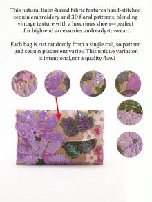 1个彩色闪亮PVC亮片花卉亚麻底网纱刺绣叶子图案信封手拿包，夏季旅行休闲海滩度假女士包（花卉图案随机发送） - 淡紫色 - 查看 2