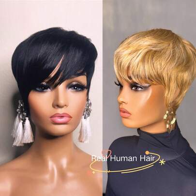 Tóc giả kiểu Pixie cho nữ, tóc thật màu 1B, 27/613, tóc giả ngắn màu thật cho nữ, dễ đội, không có ren phía trước, tóc giả Pixie làm hoàn toàn bằng máy cho nữ, không cần keo dán, thích hợp sử dụng hàng ngày, quà tặng Ngày của Mẹ.