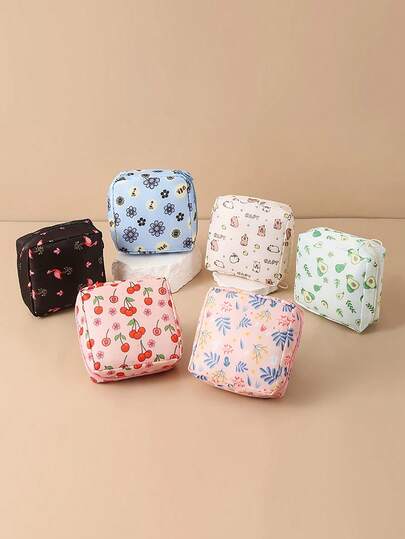 1/5个装卫生巾收纳袋，带拉链，便携式卫生棉条袋，可爱卫生巾收纳包，多功能旅行整理袋，采用防水PU材质，图案可爱，适合收纳女性个人护理用品，旅行必备
