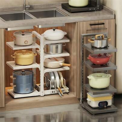 1個 キッチンポットラック、多層シンク収納棚、家庭用鍋蓋ラック、キャビネット多層収納ラック
