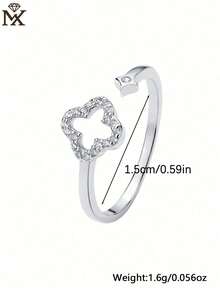 SYMFNY 1枚优雅奢华925银锆石四叶草可调节开口戒指，女士百搭日常佩戴及节日礼物时尚首饰 - 銀色 - 查看 5