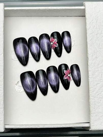10pcs Handmade Nails Almond Nails Press On Nails Medium, Elegant Purple Black Nails, Falshy Cateye, Smudge Gradient Hand-Painted Floral 3D Carved Embossed Flower, Halloween Nail Tips,Edgy Elegant Luxury Handcrafted Spring Nails, Summer Press On Nails, Y2K Goth Style Party Daily & Dating Use Tropical Getaway Suitable,DIY False Nail Art Suitable For Women & Girls As Gift Nail Supplies