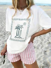MOOSGOP Summer Top-Beach & Vacation Boho Style / Casual / Versatile / Comfortable / Loungewear-Coconut Tree & Surfboard Sun Print / Watermark Design-Loose-Fit Round-Neck Drop-Shoulder Short-Sleeve T-Shirt-Women's Beachwear White - White - View 2