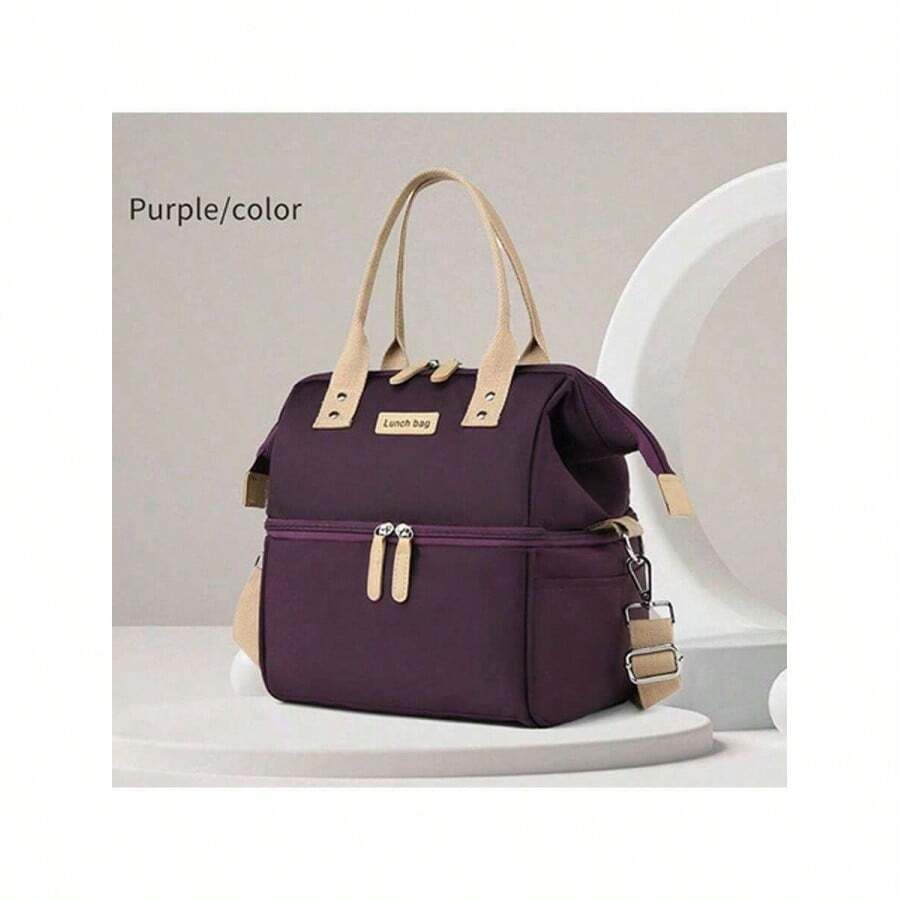 Borsa termica a doppio strato, borsa da picnic all'aperto, borsa per il pranzo portatile impermeabile, borsa per il pranzo monospalla per pranzo fresco, per viaggi, picnic, feste e vacanze - Viola - Visualizzare 1