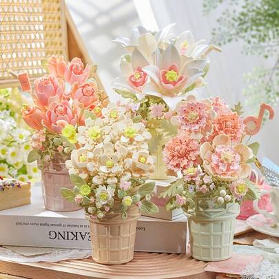 300pcs Valentine's Day Preserved Flower Building Block Vase Decor Set - Romantic DIY Floral Arrangement Gift For Couples, Anniversary, Wedding Celebration, Home Office Desk Decoration, Unique Creative Present For Him Her, Long Lasting Artificial Roses In Modular Vase With Building Bricks, Perfect Romantic Surprise Gift Idea