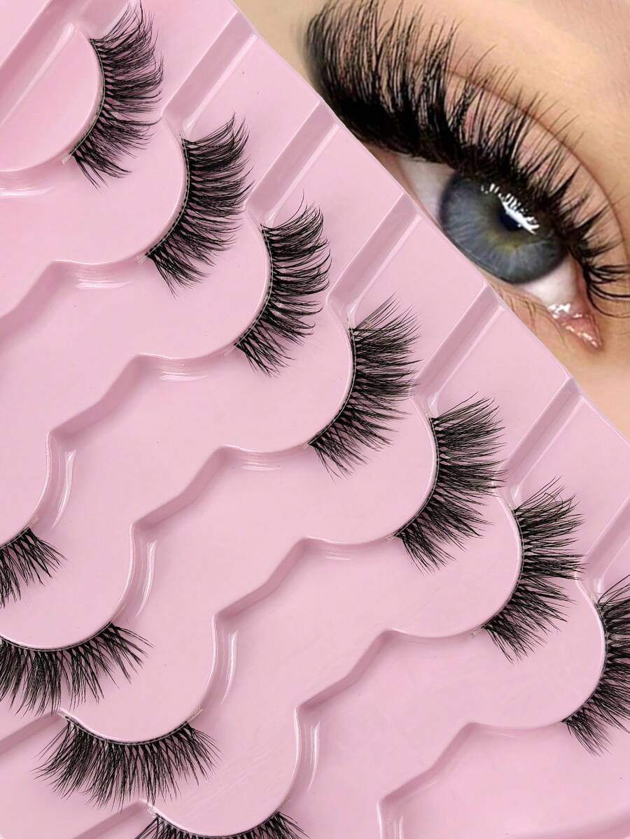 Hinarin 7 Pairs D Curl Half Eye False Eyelashes Strip Crossed & Fluffy & Curly Half Eye Lashes With Invisible Stem 3d Synthetic Mink Fur Handmade Extension Great For Women's Party Makeup Strip Lashes Lashes Eyelashes Fake Lashes