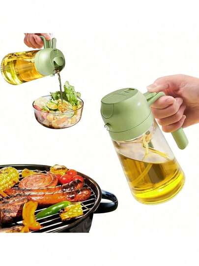 1/2pcs Universal Transparent 2-In-1 Oil Spray Bottle, 470ml PP+Glass Material, Leak-Proof Adjustable Nozzle, Suitable For Cooking/Grilling/Salad/Baking, Practical Kitchen Tool, Perfect Mother's Day Gift For Cooking Enthusiasts, Transparent Glass Oil Bottle With Spray Dual-Use Household High Pressure Spray Head Pump Bottle
