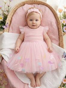 Baby Girls' Pink Party Dress, 0-2 Years Old Infant Birthday Party Tulle Skirt - Pink - View 3