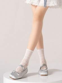 1/3/6 Pairs Women White Lace Hollow Out Socks, Heart Pattern Mid-Calf Socks, Sweet Lolita Style Socks, Straight Tube Socks Without Heels - White - View 11