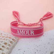 1 buah Gelang Buatan Tangan Bordir Gaya Vintage Prancis "AMOUR", Cocok untuk Pasangan, Hadiah Liburan, Tali Berkat - Berwarna merah muda - View 5