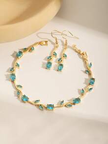 三件套高品质电镀不褪色闪亮锆石网球手链和耳环，独特花叶设计，多种颜色可选，女士日常/节日金色配饰，新娘首饰，伴娘首饰，母亲节/情人节/圣诞节礼物 - 金色 - 查看 2