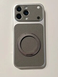 Fashion Lychee Leather Texture Large Window Phone Case Compatible With IPhone 17 Pro Max 17 Pro 16 Pro Max 15 Pro Max 14 Pro 13 12 Pro 16 17 Magnetic 360 Rotating Bracket Camera Protection Matte Soft Bumper Shockproof Cover - Grey - View 6