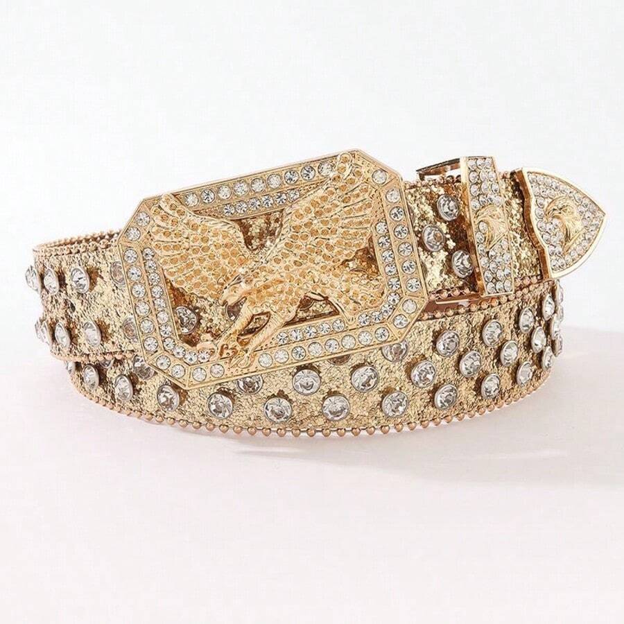 Handmade Crystal Embellished Waist Belt, Extended Length, High Street American Style, New Blue Waist Belt - Gold - View 1