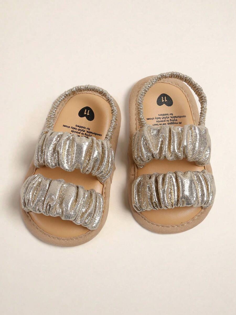 Newborn Infant Girls' Summer Sandals With Flower Bow Soft Bottom Wedding Dress Flat Shoes, Infant Toddler Crib Shoes - Gold - View 1