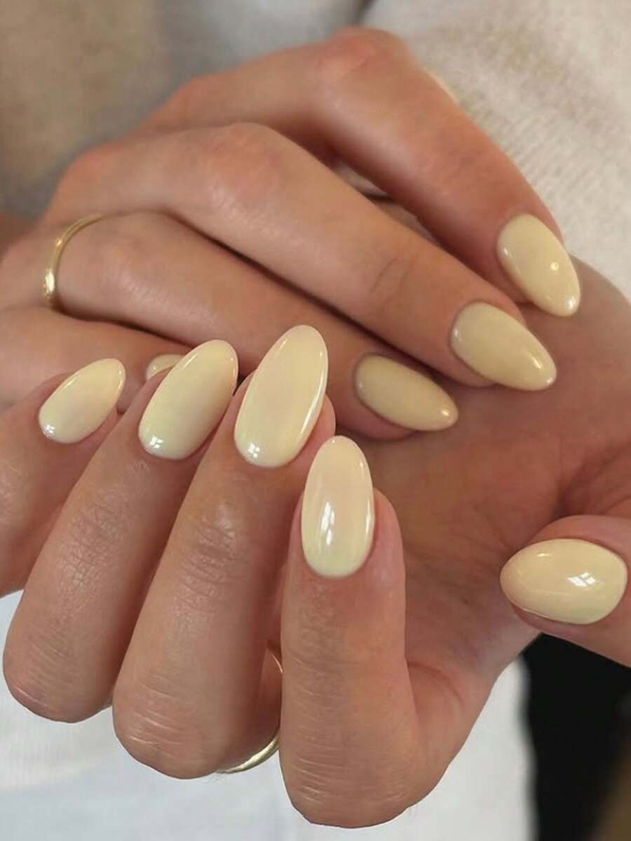 24pcs/Set Short Oval Soft Yellow Solid Color Minimalist Style Press-On Nails, Includes Gel Polish And Nail File, Suitable For Girls/Women For Daily Wear, Office, Afternoon Tea, Party - Yellow - View 1