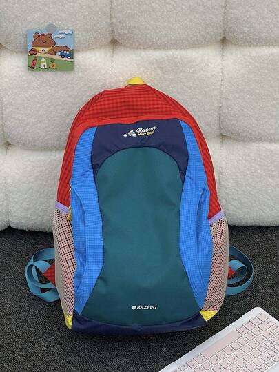 1pc Nylon Color Block Large Capacity Backpack, Fashionable Casual Backpack For Students, Commuting, Travel, Unisex