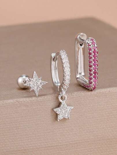 3PCS New Zirconia Star Hoop Earrings Set For Women Stainless Steel Ear Stud Piercing Earring Wedding Jewelry