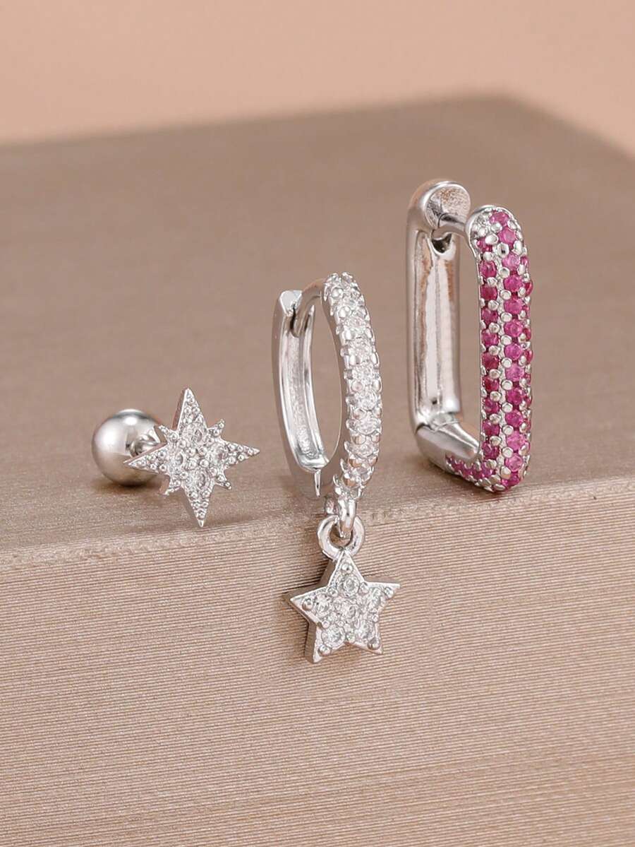 3件套新款锆石星星耳环,不锈钢耳钉,女士结婚首饰 - 3Pcs for One Ear - 查看 1