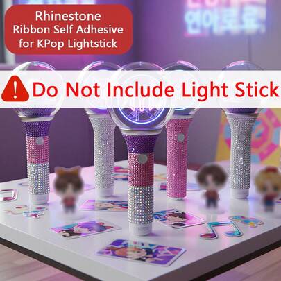 适用于K-Pop应援棒的闪亮水钻丝带 - 适用于应援棒的炫彩条，自粘水晶水钻条，适用于K-Pop粉丝的通用应援棒，可用于收藏展示和DIY手工制作，水钻可用于手工制作，也可用于派对游戏和活动、圣诞节（不含应援棒）
