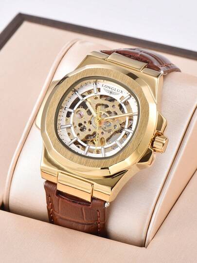 LONGLUX 1pc Men's Double-Sided Hollow Automatic Mechanical Watch, Waterproof Leather Strap, Classic & Elegant