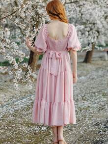 Mommy And Me Family Matching Outfits Mother Daughter Matching Dresses Summer Ruffled Hem Puff Half Sleeve Square Neck Smocked Back Off Shoulder Loose Long Maxi Dress Summer Holiday Beachwear - 粉色 - 查看 9