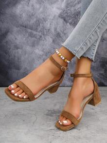 女士方头绑带凉鞋，纯色哥特波西米亚风优雅时尚休闲夜店风面料荷叶边/褶边高跟凉鞋，适合办公室、居家、户外、婚礼、节日、夏季等场合。 - 棕色 - 查看 3