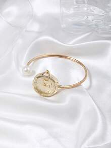 1pc Women's Delicate Fiber Bracelet With 1 Large Pearl, Diamond Cut Glass Rhinestone Dial, Minimalist Quartz Watch Chain - Gold - View 2