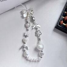 1pc Pure White Angel Heart Beaded Phone Lanyard, Delicate Wrist Chain, Bag Charm - Multicolor - View 4