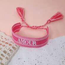 1 buah Gelang Buatan Tangan Bordir Gaya Vintage Prancis "AMOUR", Cocok untuk Pasangan, Hadiah Liburan, Tali Berkat - Berwarna merah muda - View 3