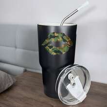 30oz Stainless Steel Tumbler Black White Options,  Camouflage Lips Pattern Print Design Graphic Cups, Insulated Travel Coffee Mug With Lid And Straw , Double Wall Vacuum Reusable Travel Cups, Funny Birthday Party Gift For Women & Men - 黑色 - 查看 1